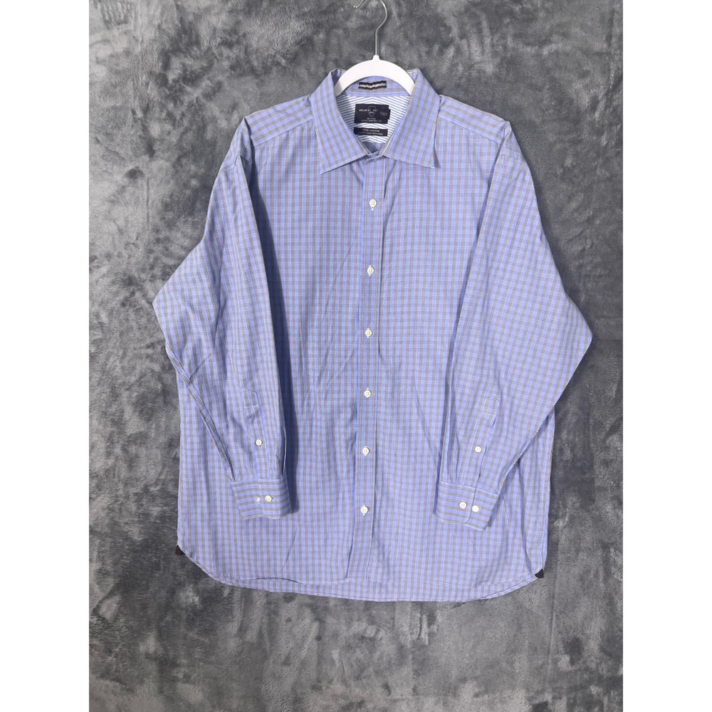 Black Brown 1826 Mens Blue Grey Plaid Fitted Non Iron Dress Shirt 18 34/35